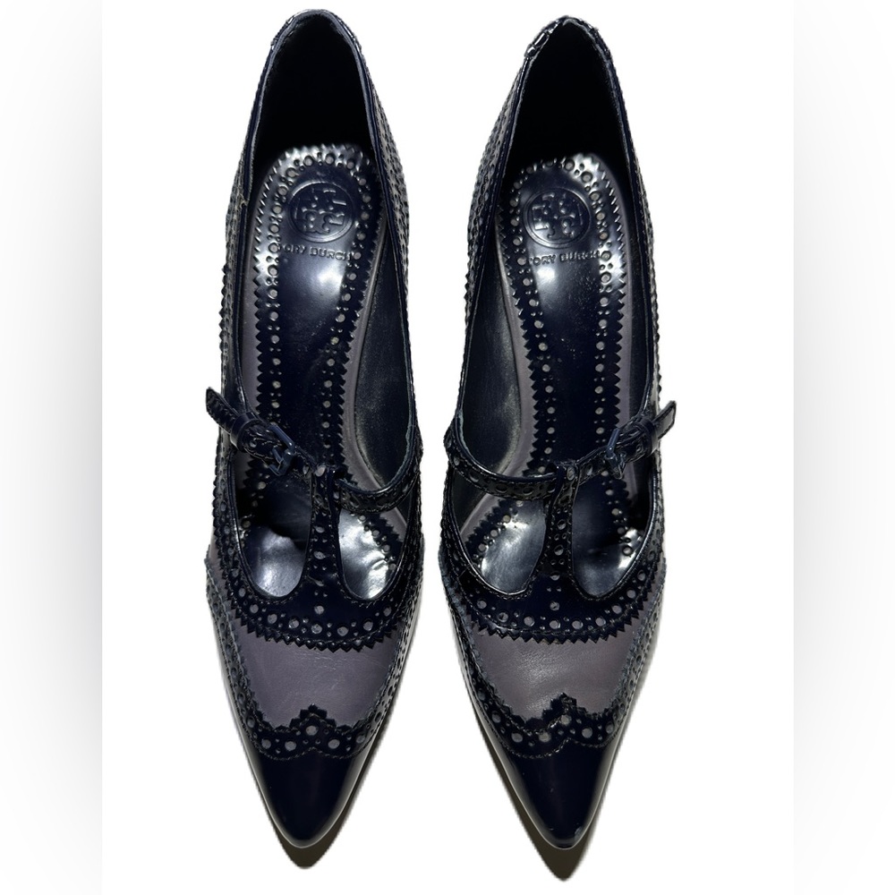 Tory Burch Everly Wing Tip Heels Leather TBar Strap Navy/Gray Size 7.5 M